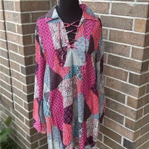 Patchwork Lace-Up Blouse - Multicolor